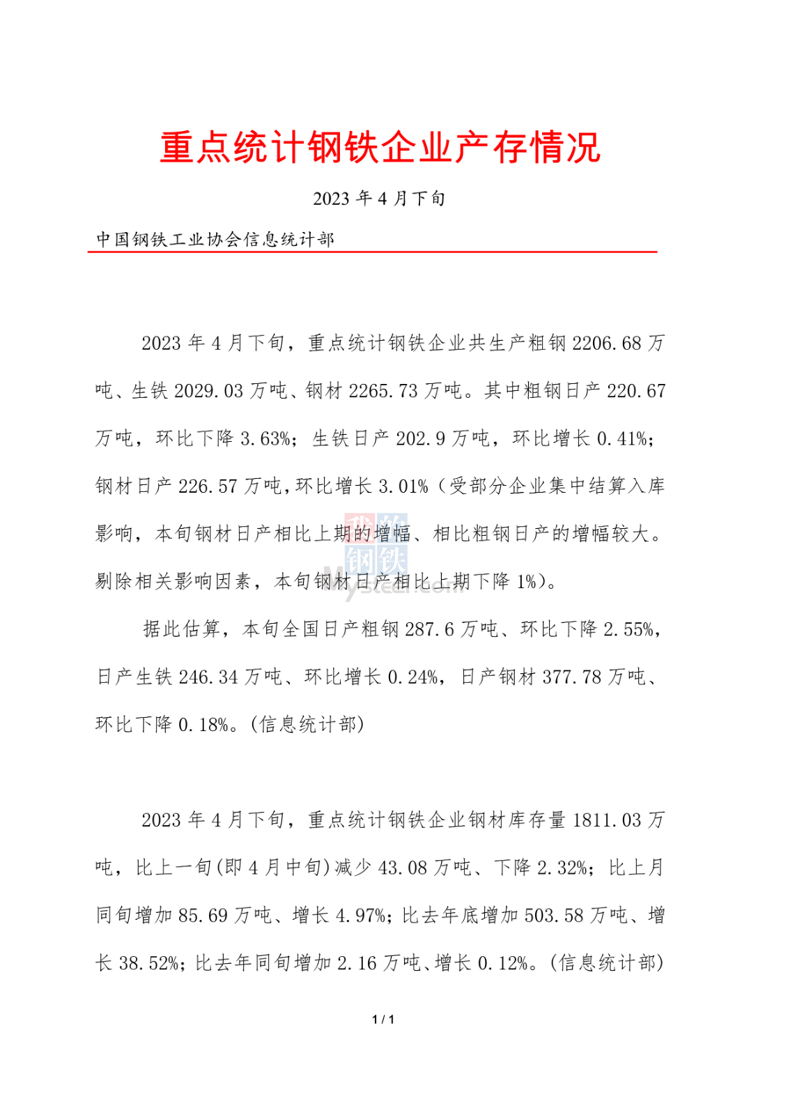 中鋼協(xié)：4月下旬重點鋼企粗鋼日產(chǎn)220.67萬噸